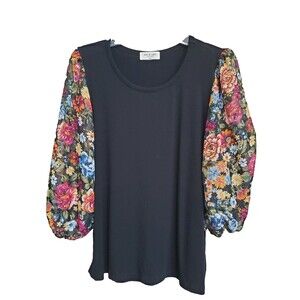 kim & cami Mixed Media Floral Balloon Sleeve Blouse Size Large